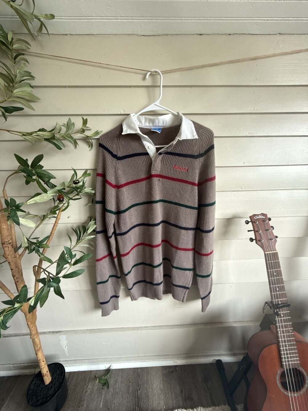 Vintage Champion Ashland Striped Knit Long Sleeve Rugby Polo Sweater